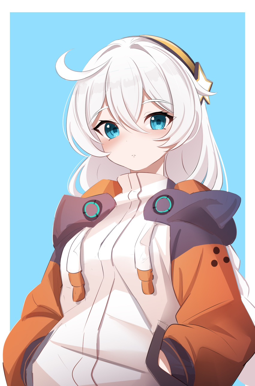 1girl, absurdres, blue_background, blue_eyes, border, braid, brown_hairband, closed_mouth