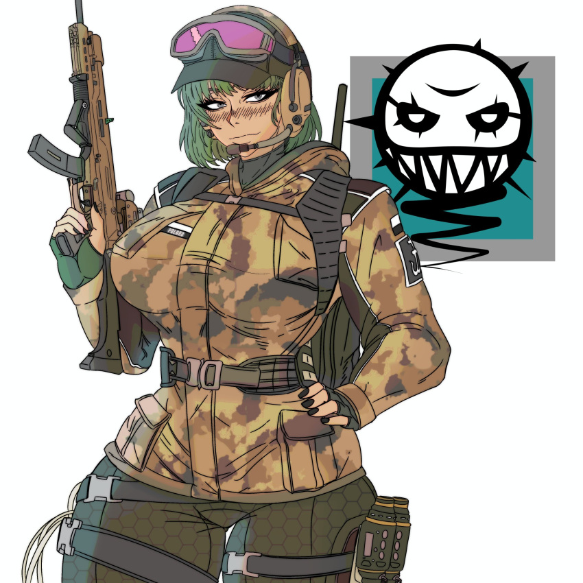 1girl, baseball_cap, breasts, cz_scorpion_evo_3, ela_(rainbow_six_siege), gloves, goggles, goggles_on_headwear, green_eyes, green_hair, gun, hat, headphones, highres, holding, jacket, master_dcj, pants, pr-15_ragun, rainbow_six_siege, short_hair, weapon