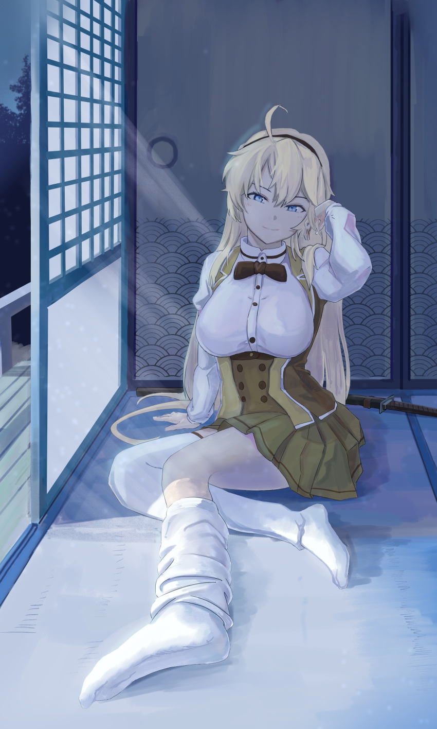 1girl, 200-ko_no_chikara, absurdres, ahoge, asymmetrical_legwear, black_bow, black_bowtie, black_hairband