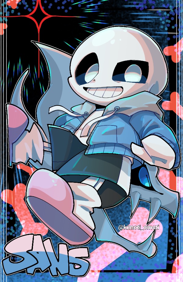 1boy, black_background, black_sclera, black_shorts, blue_background, blue_jacket, bone, character_name, colored_sclera, commentary_request, drawstring, from_below, full_body, gasterblaster, grey_hood, grin, hood, hooded_jacket, inset_border, jacket, kimoti_omoti, long_sleeves, male_focus, open_clothes, open_jacket, pink_footwear, sans_(undertale), shirt, shorts, simple_background, skeleton, slippers, smile, socks, solo, sparkle, undertale, uneven_eyes, white_eyes, white_shirt, white_socks