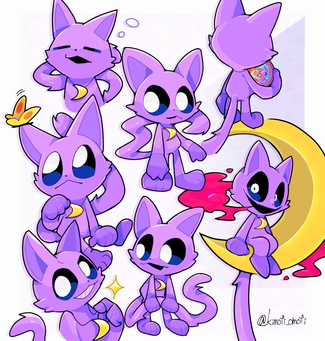 1boy, :<, black_mouth, black_sclera, bug, butterfly, butterfly_on_ear, cat_boy, catnap_(poppy_playtime), closed_eyes, colored_sclera, commentary, crescent, crescent_necklace, english_commentary, full_body, furry, furry_male, hand_on_own_hip, holding, jewelry, kimoti_omoti, looking_at_viewer, looking_to_the_side, looking_up, male_focus, multiple_views, necklace, open_mouth, poppy_playtime, purple_fur, simple_background, sitting, smile, standing, twitter_username, white_background, white_eyes, yellow_butterfly