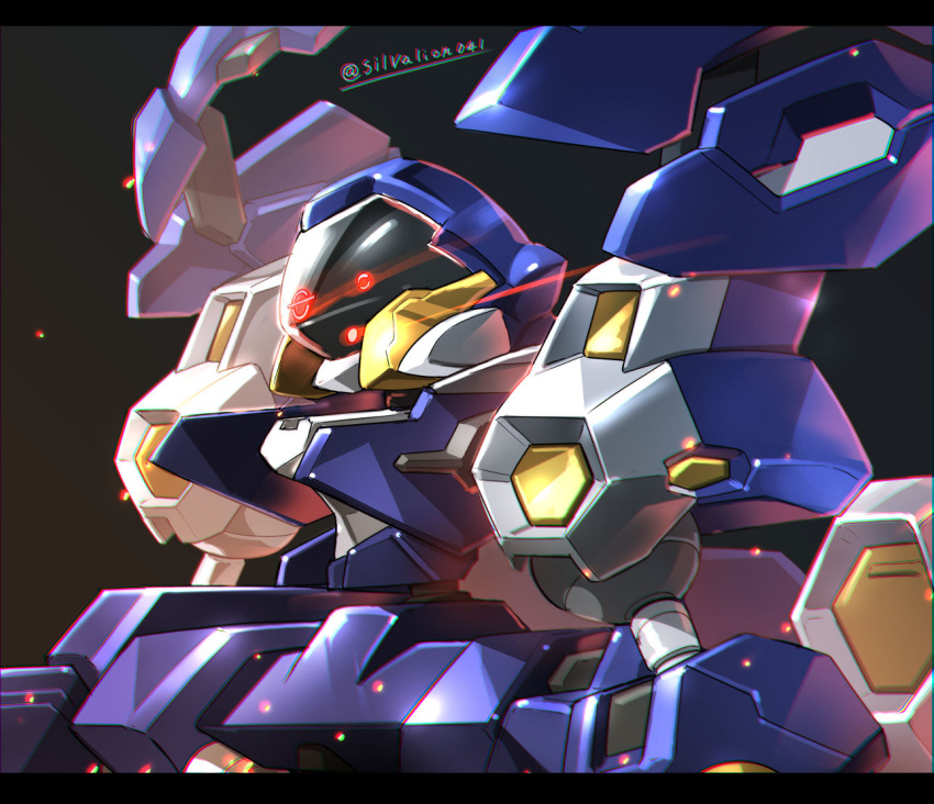 1boy, armor, blue_armor, eye_trail, glowing, glowing_eyes, gradient_background, humanoid_robot