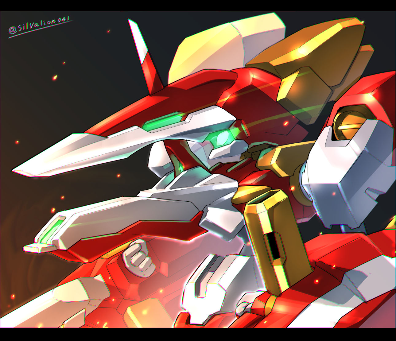 1boy, armor, glowing, glowing_eyes, gradient_background, green_eyes, humanoid_robot, kaiser_arc_(medarot)