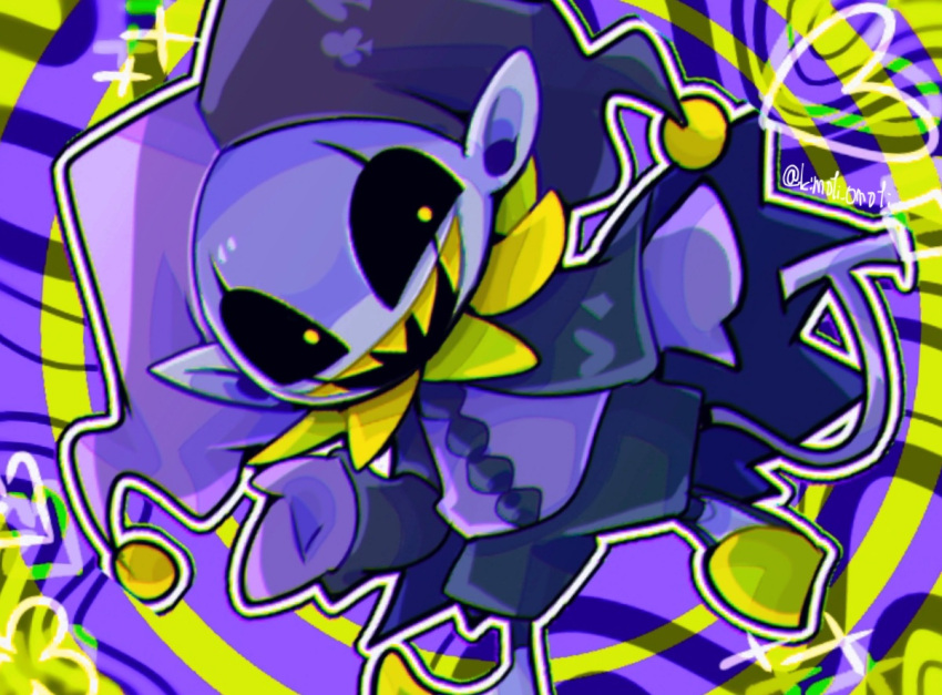 1boy, abstract_background, black_capelet, black_hat, black_mouth, black_sclera, black_shorts, buttons, capelet, chromatic_aberration, club_(shape), colored_sclera, colored_skin, commentary_request, constricted_pupils, deltarune, flower, foot_out_of_frame, gloves, hat, heart, jester_cap, jevil, kimoti_omoti, looking_at_viewer, male_focus, open_mouth, outline, pointy_ears, purple_background, purple_gloves, purple_hat, purple_shirt, purple_skin, scar_across_eyes, sharp_teeth, shirt, shorts, simple_background, smile, solo, tail, teeth, twitter_username, two-tone_headwear, upper_teeth_only, white_outline, yellow_background, yellow_eyes, yellow_flower