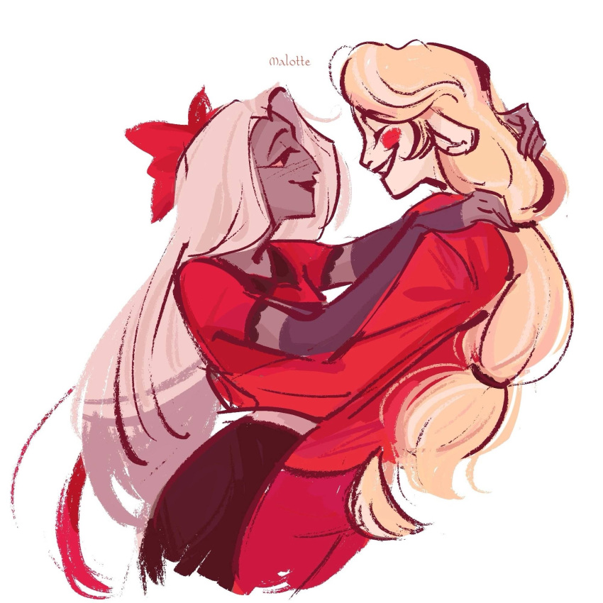 2girls, angel, animal_ears, blonde_hair, charlie_morningstar, demon_girl, face-to-face, floppy_ears