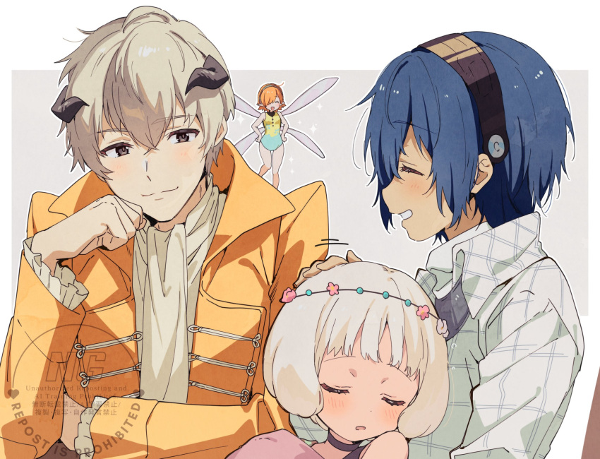 2boys, 2girls, blue_hair, blush, bochi_(5hxm), closed_eyes, closed_mouth, coat