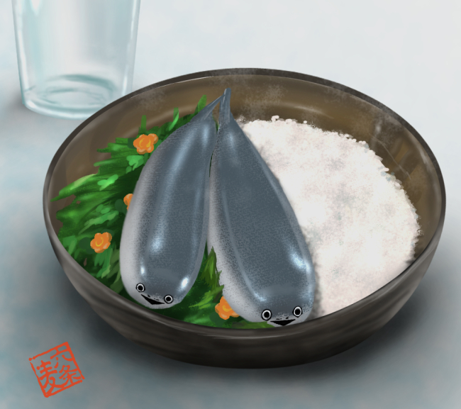 black_eyes, bowl, commentary_request, cup, fish, flower, food, food_focus