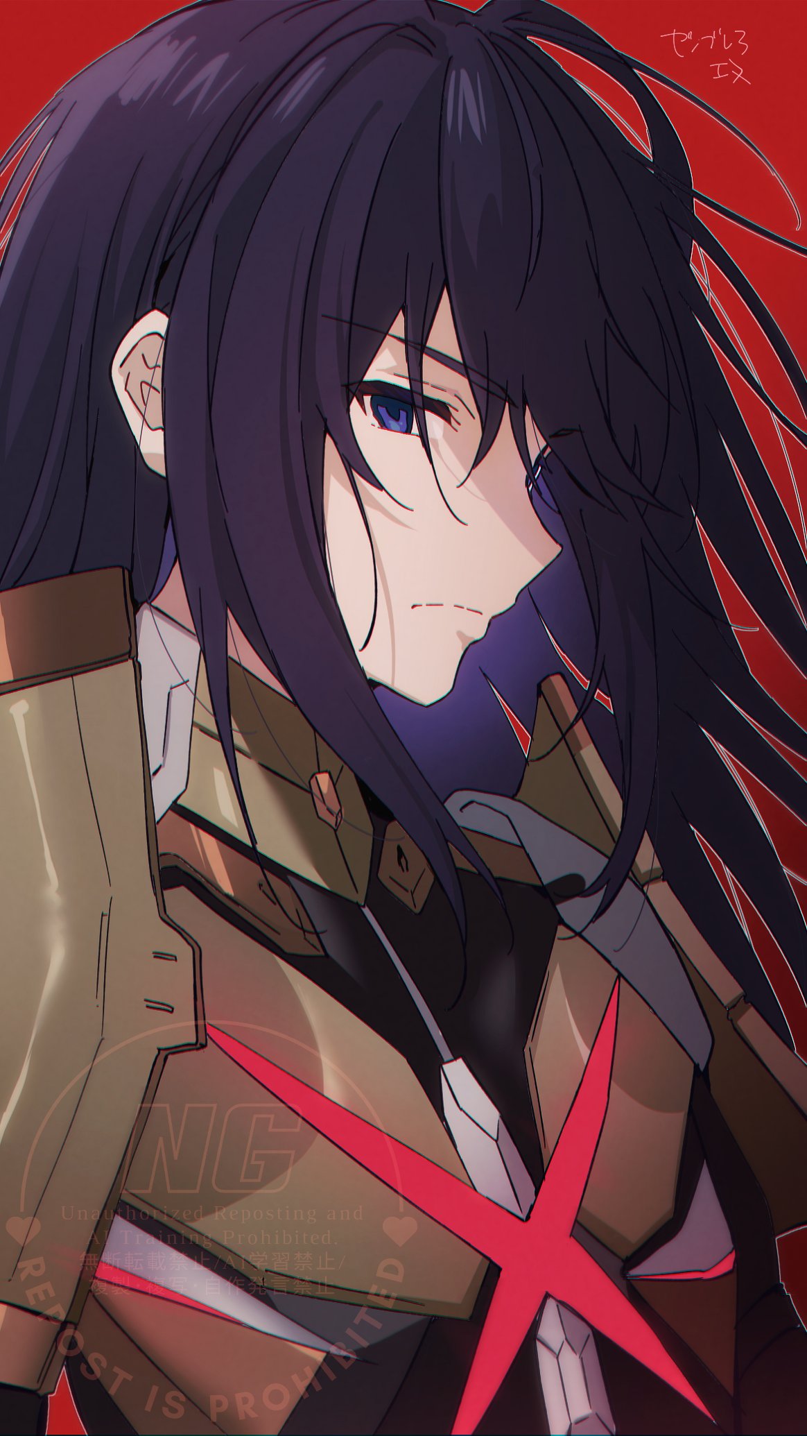 1boy, armor, black_hair, blue_eyes, bochi_(5hxm), closed_mouth, commentary_request, hair_between_eyes