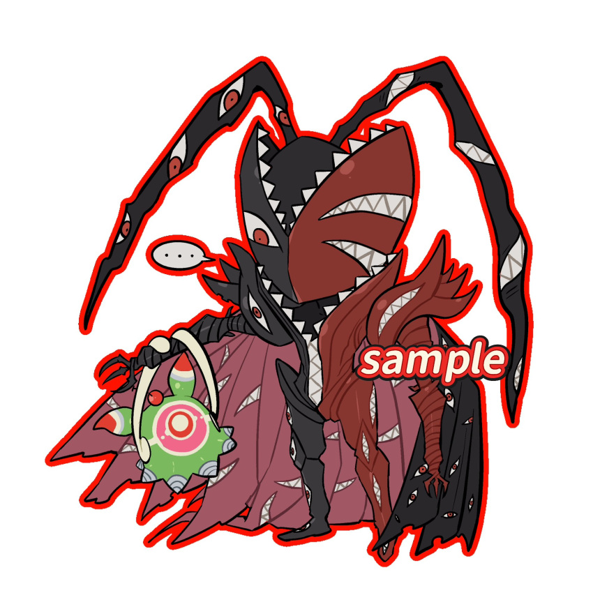 abbadomon, abbadomon_core, algomon, algomon_baby_ii, black_skin, chibi, colored_skin, confeito000_333, digimon, digimon_(creature), extra_eyes, extra_mouth, full_body, highres, multicolored_skin, red_eyes, red_skin, sample_watermark, sharp_teeth, simple_background, teeth, two-tone_skin, watermark, white_background