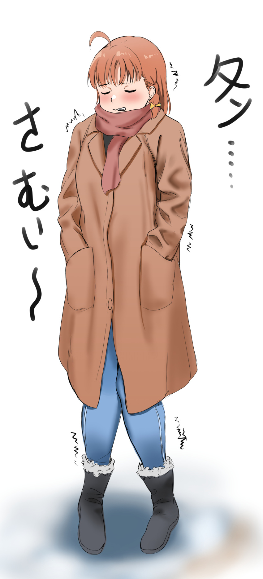 1girl, absurdres, ahoge, blush, boots, bow, clenched_teeth, closed_eyes