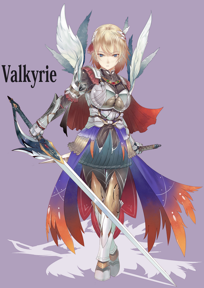 armor, armored_dress, blonde_hair, blue_eyes, character_name, crossed_legs_(standing), gauntlets, holding