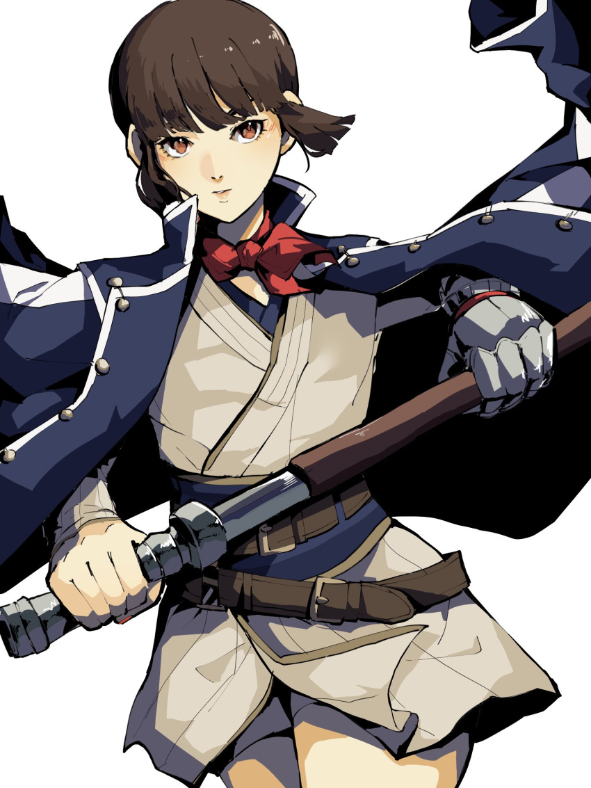1girl, 4me3ba_niku, belt, blue_coat, brown_eyes, brown_hair, coat, eyelashes, highres, holding, holding_sword, holding_weapon, isabeau_(megami_tensei), jacket, jacket_on_shoulders, parted_lips, shin_megami_tensei, shin_megami_tensei_iv, simple_background, solo, standing, sword, weapon, white_background
