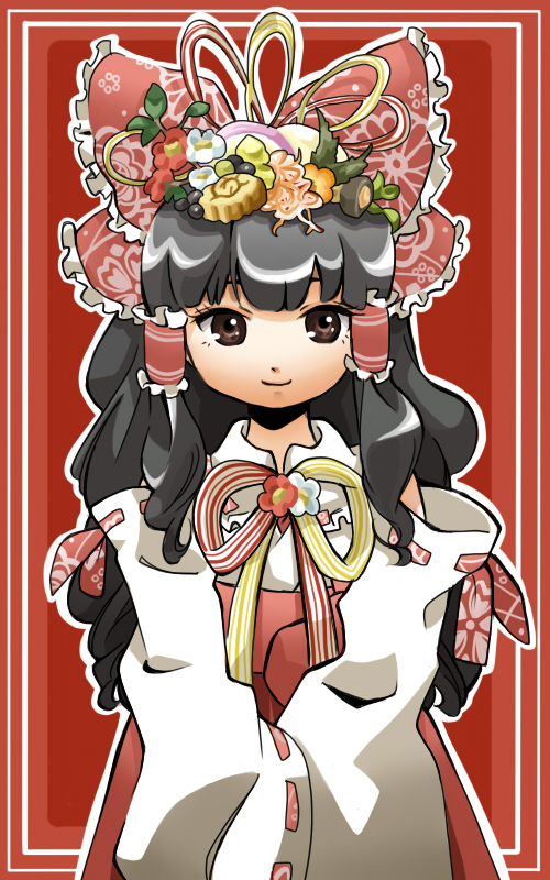 black_hair, bow, brown_eyes, detached_sleeves, flower, flower_on_head, food, food_as_clothes, hair_bow, hair_flower, hair_ornament, hakurei_reimu, long_hair, makako, miko, smile, solo, touhou