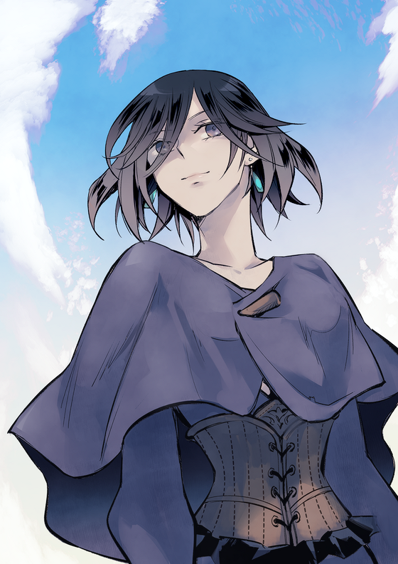1girl, black_hair, blue_sky, capelet, closed_mouth, clouds, collarbone, commentary_request