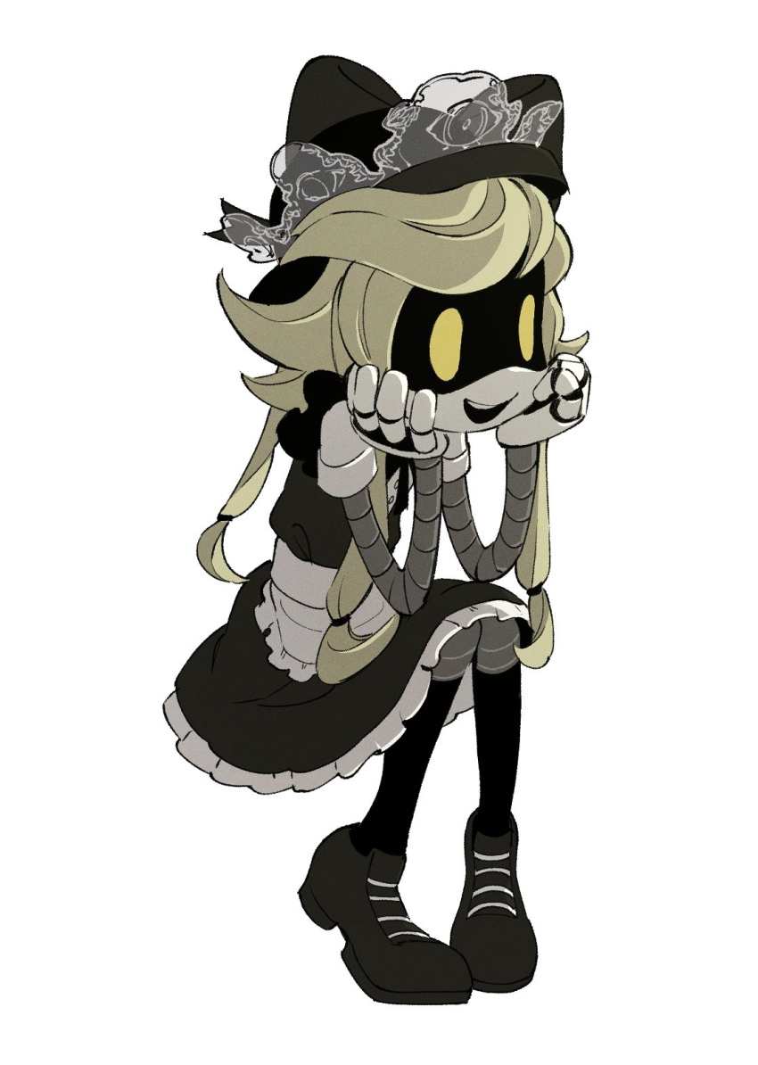 1girl, :d, android, apron, black_dress, black_footwear, black_hat, black_socks