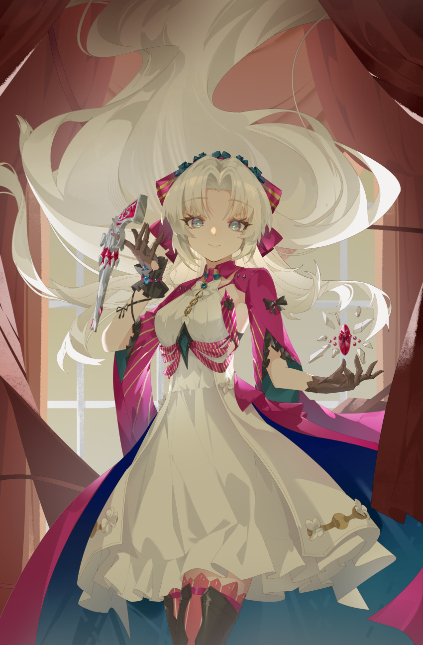 1girl, absurdres, aqua_eyes, black_gloves, bow, breasts, carlotta_(wuthering_waves), closed_mouth