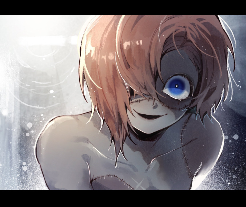 1boy, blue_eyes, commentary_request, grey_background, hair_over_one_eye, highres, homicipher, korean_commentary
