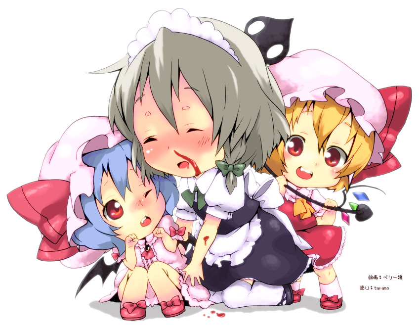 bat_wings, blood, chibi, child, colored, flandre_scarlet, highres, izayoi_sakuya, multiple_girls, nosebleed, remilia_scarlet, siblings, sisters, taramo, touhou, wince, wings, wink