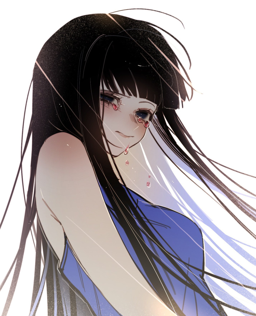 1girl, black_eyes, black_hair, blood, blood_from_eyes, blue_dress, closed_mouth, crying