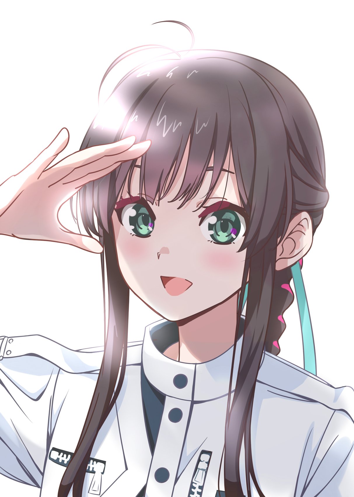 1girl, 22/7, :d, antenna_hair, black_hair, boku_wa_konya_deteiku, braid, braided_ponytail, dress, green_eyes, green_ribbon, hair_ribbon, half_updo, hand_over_face, highres, long_hair, matsubokkurin227, open_mouth, portrait, ribbon, sidelocks, simple_background, smile, solo, white_background, white_dress, yagami_toa