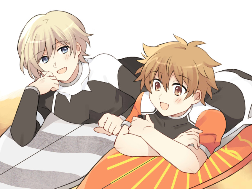 2boys, akitsuki_sho, arm_support, beach, blonde_hair, blue_eyes, bodysuit, brown_eyes, brown_hair, crossed_arms, diving_suit, head_rest, highres, hinaoka_masaki, looking_to_the_side, lying, mamibakuhatu, multiple_boys, on_stomach, surfboard, wave!!_surfing_yappe!!, wetsuit