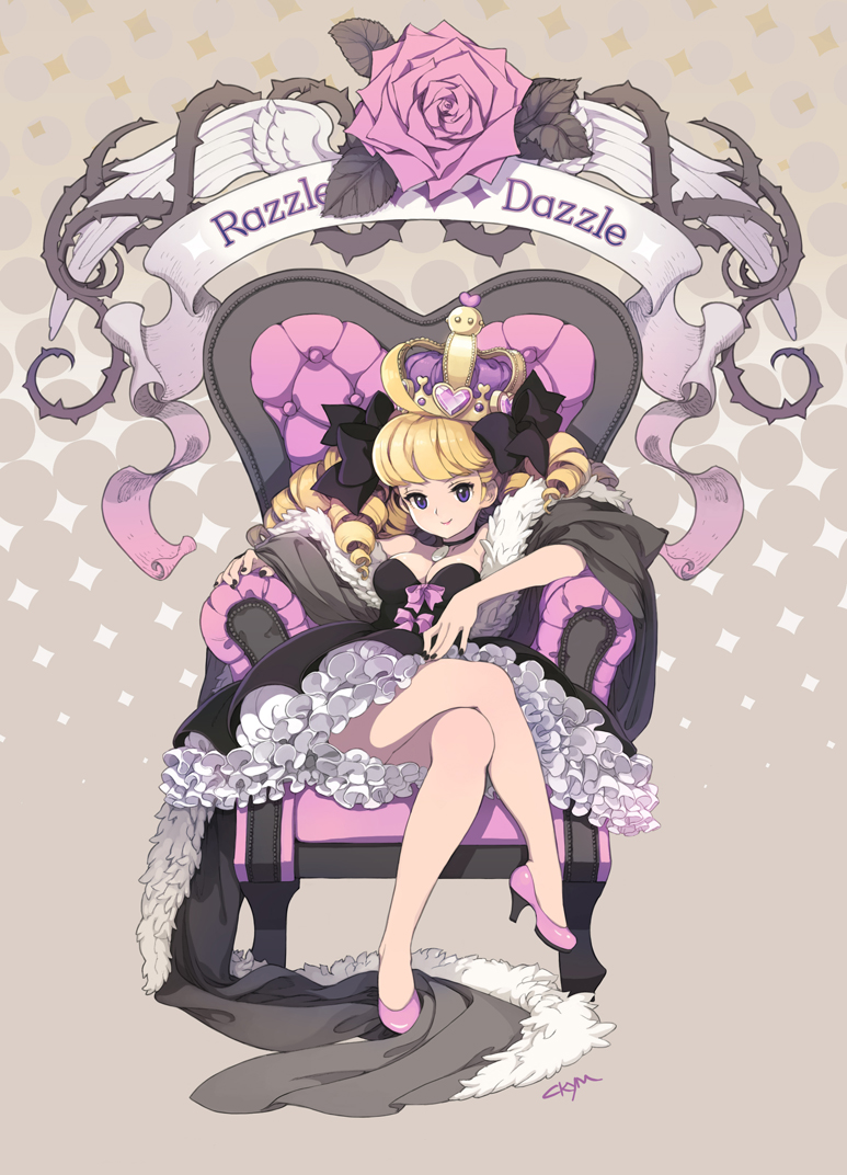 blodne_hair, bow, chair, chkuyomi, crossed_legs, crown, dress, drill_hair
