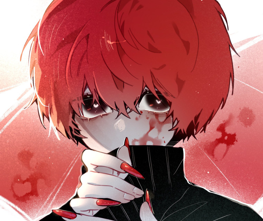 1boy, black_sweater, blood, blood_on_face, fingernails, highres, homicipher, long_fingernails