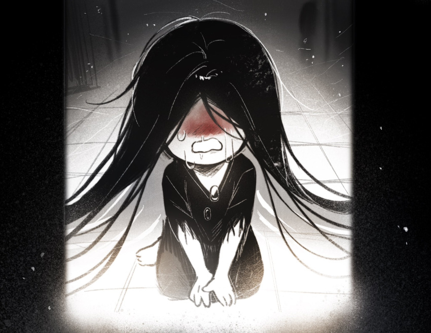 1boy, black_hair, black_kimono, blood, blood_on_face, crying, deformed, english_commentary