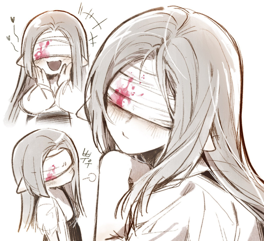 +++, 1boy, bandages, bandages_over_eyes, blood, blood_on_bandages, commentary_request, facing_viewer, grey_hair, highres, homicipher, korean_commentary, korean_text, long_hair, male_focus, mr._silvair, multiple_views, pointy_ears, simple_background, sweeeet_him, translation_request, white_background