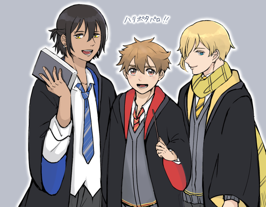akitsuki_sho, black_hair, blonde_hair, blue_eyes, book, brown_eyes, brown_hair, cloak, collared_shirt, cosplay, harry_potter, harry_potter_(cosplay), harry_potter_(series), hinaoka_masaki, holding, holding_book, necktie, reko_(user_gzwg3227), scarf, school_uniform, shirt, simple_background, sweater, tanaka_nalu, wand, wave!!_surfing_yappe!!, wizarding_world, yellow_eyes