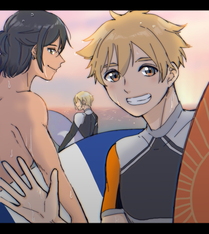 akitsuki_sho, black_hair, blonde_hair, bodysuit, brown_eyes, brown_hair, diving_suit, facing_back