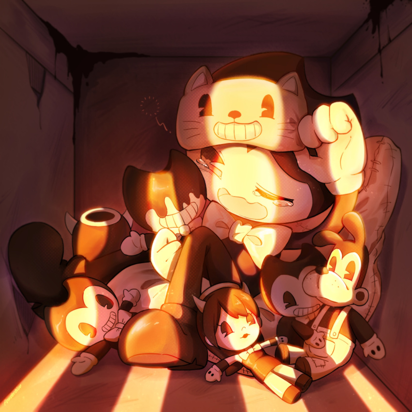 1boy, alice_angel, ankle_boots, bendy, bendy_and_the_ink_machine, black_eyes, black_footwear, boots