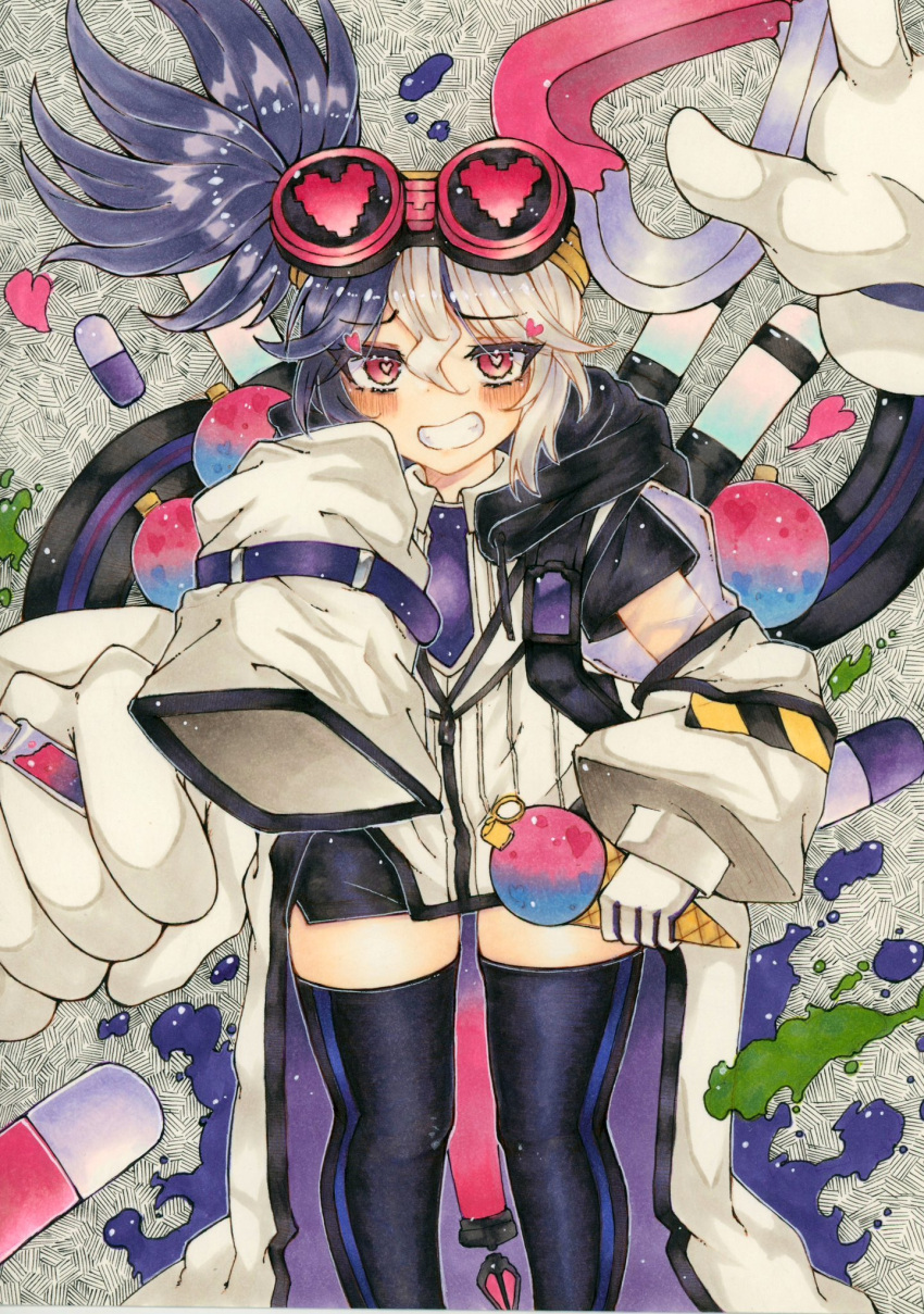 1girl, black_hair, black_thighhighs, blush, coat, detached_sleeves, duel_monster, feet_out_of_frame