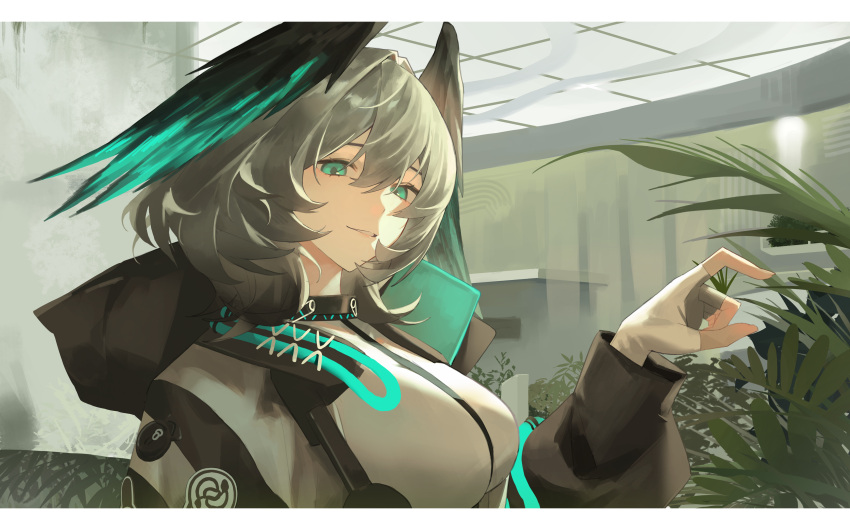 1girl, absurdres, aqua_eyes, arknights, between_breasts, breasts, coat, dress