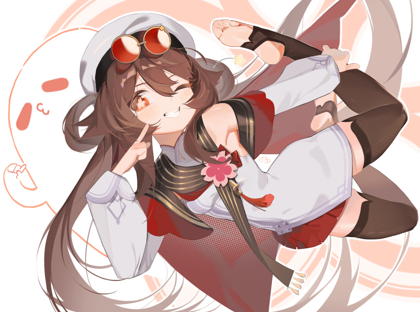 black_thighhighs, breasts, brown_eyes, brown_hair, dress, genshin_impact, ghost, glasses