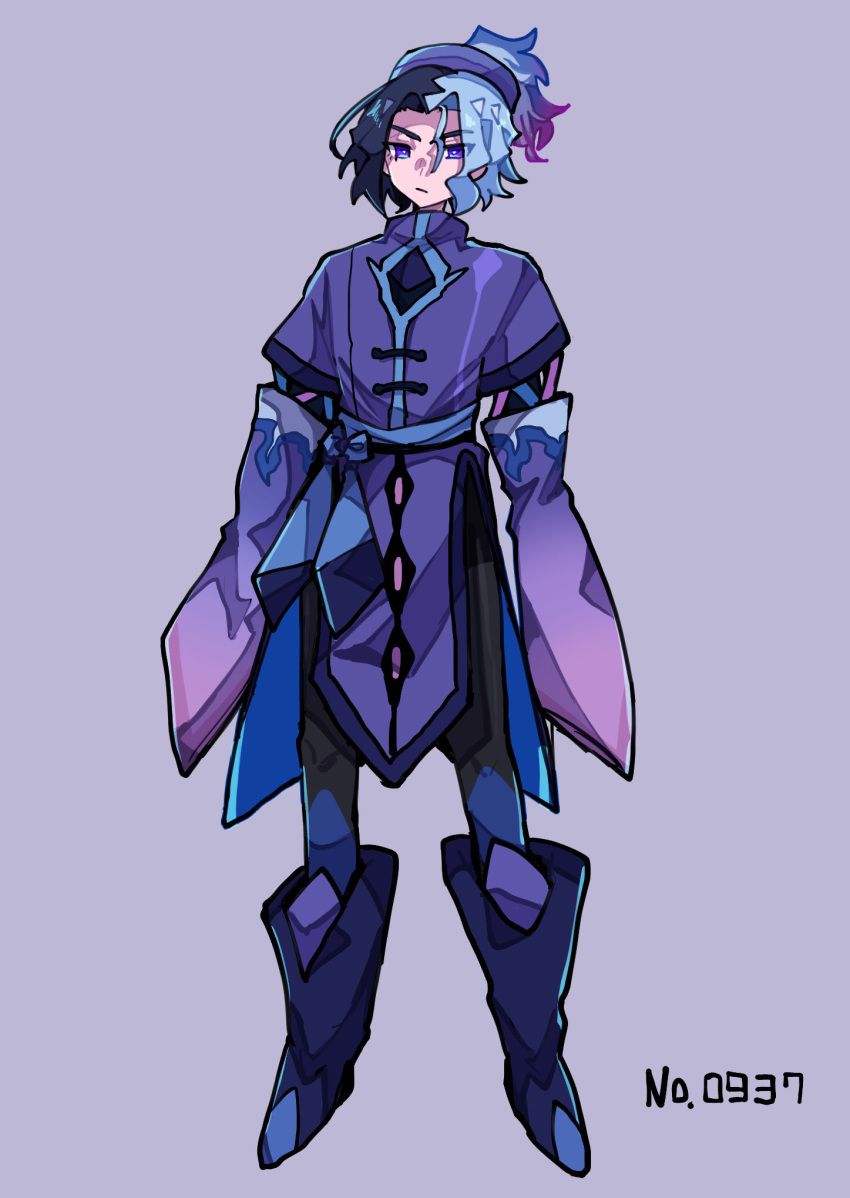 1boy, amethio_(pokemon), black_hair, black_pants, blue_sash, boots, bright_pupils, ceruledge, ceruledge_(cosplay), closed_mouth, cosplay, full_body, hat, highres, looking_at_viewer, loose_hair_strand, male_focus, multicolored_hair, pants, pokedex_number, pokemon, pokemon_(anime), pokemon_(creature), pokemon_horizons, purple_background, purple_footwear, purple_hat, purple_shirt, sash, shiba_dzuke, shirt, short_hair, simple_background, solo, standing, symbol-shaped_pupils, triangle-shaped_pupils, two-tone_hair, violet_eyes, white_hair, white_pupils