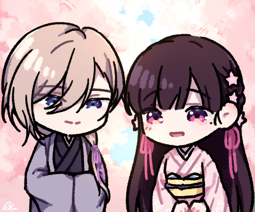 1boy, 1girl, absurdres, blue_eyes, brown_hair, cherry_blossoms, chibi, hair_over_shoulder