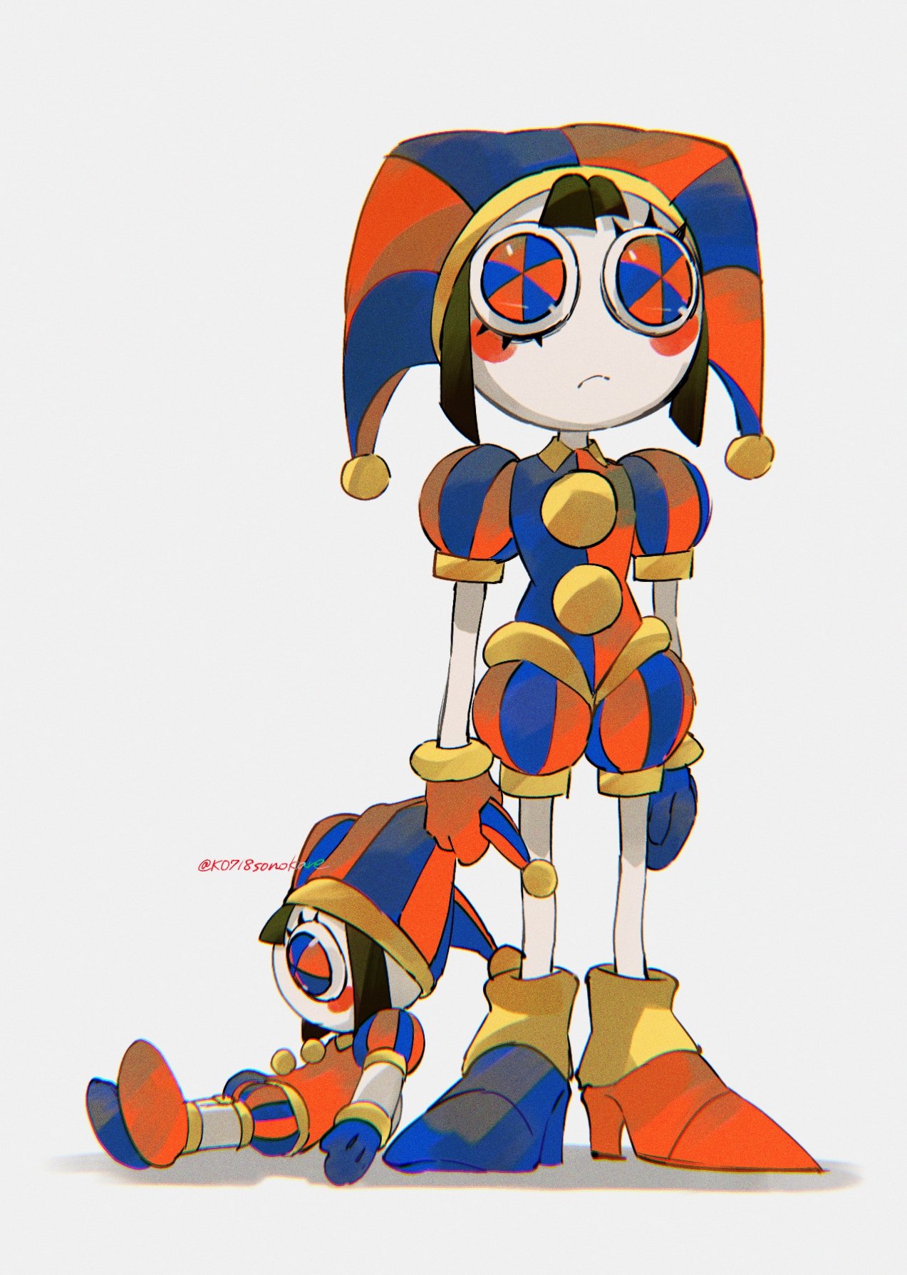 1girl, ankle_boots, arms_at_sides, asymmetrical_footwear, asymmetrical_gloves, black_hair, blue_bodysuit, blue_eyes