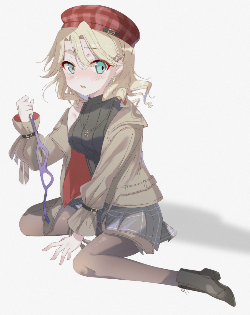 1girl, black_sweater, blonde_hair, blue_eyes, breasts, carole_reaper, eye_mask, hat, heaven_burns_red, highres, holding, jacket, large_breasts, long_hair, minami773, parted_bangs, plaid_clothes, plaid_skirt, skirt, solo, sweater, yellow_jacket