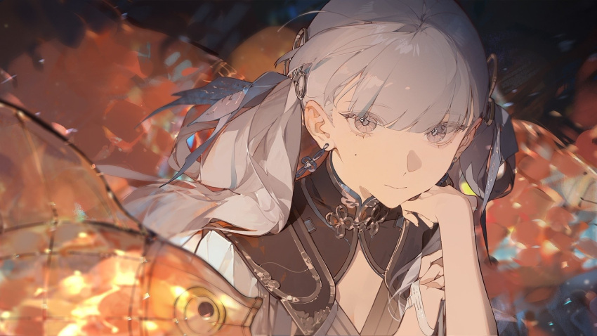 1girl, black_collar, bow, closed_mouth, collar, commentary_request, dlgeria, earrings