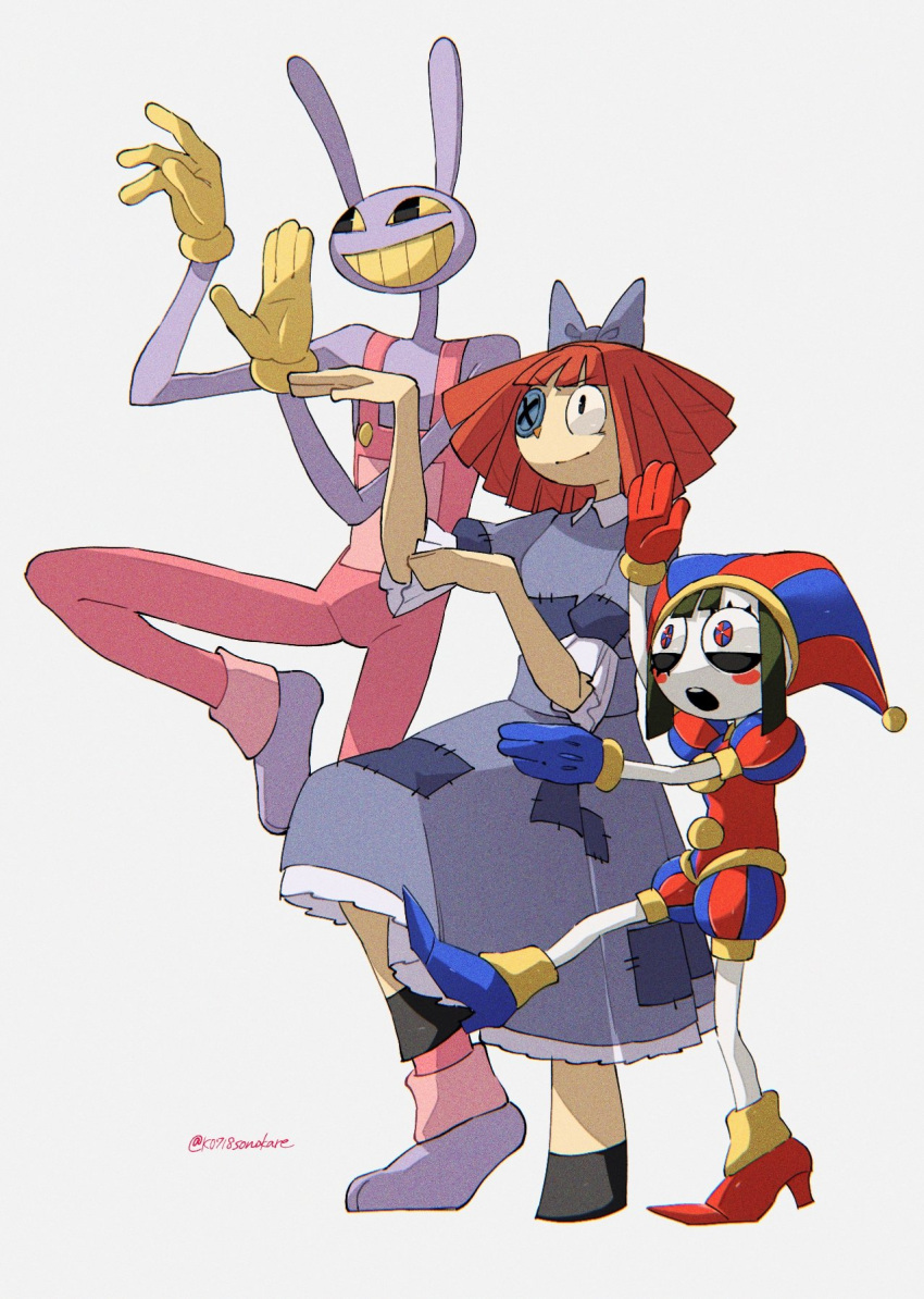 1boy, 2girls, ankle_boots, asymmetrical_footwear, asymmetrical_gloves, barefoot, black_eyes, black_hair