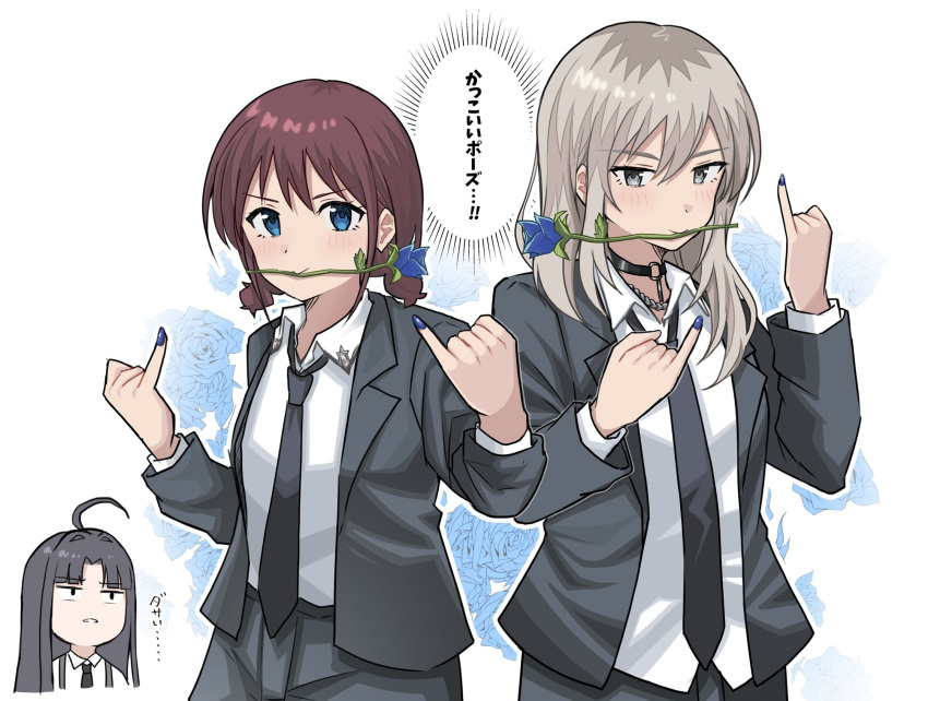 3girls, ahoge, awa_subaru, black_hair, blue_eyes, blue_flower, blue_rose, choker