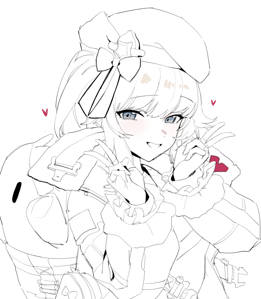1girl, backpack, bag, banssee, beret, blue_eyes, double_v, girls'_frontline_2:_exilium
