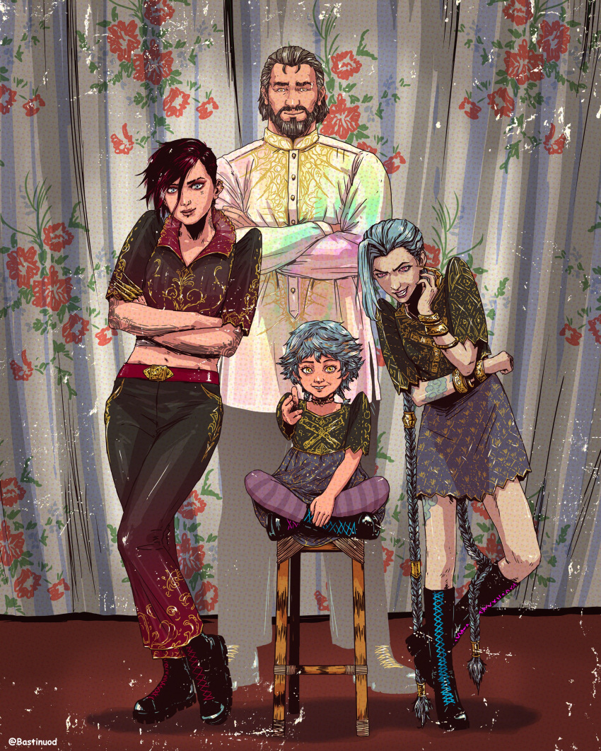 1boy, 3girls, absurdres, arcane:_league_of_legends, arcane_jinx, arcane_vi, artist_name, baro't_saya
