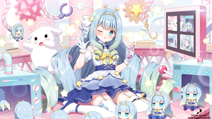 1girl, ;p, aqua_eyes, blonde_hair, blue_bow, blue_dress, blue_footwear, blue_hair, blunt_bangs, bow, box, cardboard_box, controller, conveyor_belt, detached_sleeves, dress, drill_hair, factory, gloves, gradient_hair, green_hair, hair_ornament, hairband, high_heels, highres, holding, holding_remote_control, hook, idol_clothes, jelly_hoshiumi, jelly_hoshiumi_(1st_costume), long_hair, looking_at_viewer, mauve, monitor, multicolored_hair, official_art, one_eye_closed, phase_connect, quad_drills, remote_control, sidelocks, sitting, sticky_note, stuffed_toy, thigh-highs, thigh_strap, tongue, tongue_out, very_long_hair, wariza, white_gloves, white_thighhighs, yellow_bow, yellow_hairband