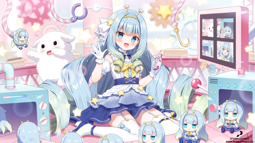 1girl, :d, aqua_eyes, blonde_hair, blue_bow, blue_dress, blue_footwear, blue_hair, blunt_bangs, bow, box, cardboard_box, controller, conveyor_belt, detached_sleeves, dress, drill_hair, factory, gloves, gradient_hair, green_hair, hair_ornament, hairband, high_heels, highres, holding, holding_remote_control, hook, idol_clothes, jelly_hoshiumi, jelly_hoshiumi_(1st_costume), long_hair, looking_at_viewer, mauve, monitor, multicolored_hair, official_art, phase_connect, quad_drills, remote_control, sidelocks, sitting, smile, sticky_note, stuffed_toy, thigh-highs, thigh_strap, very_long_hair, wariza, white_gloves, white_thighhighs, yellow_bow, yellow_hairband