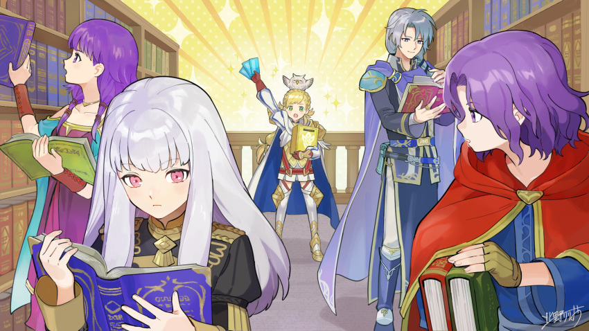 2boys, 3girls, animal_on_head, ballot, ballot_box, bird, blonde_hair, book