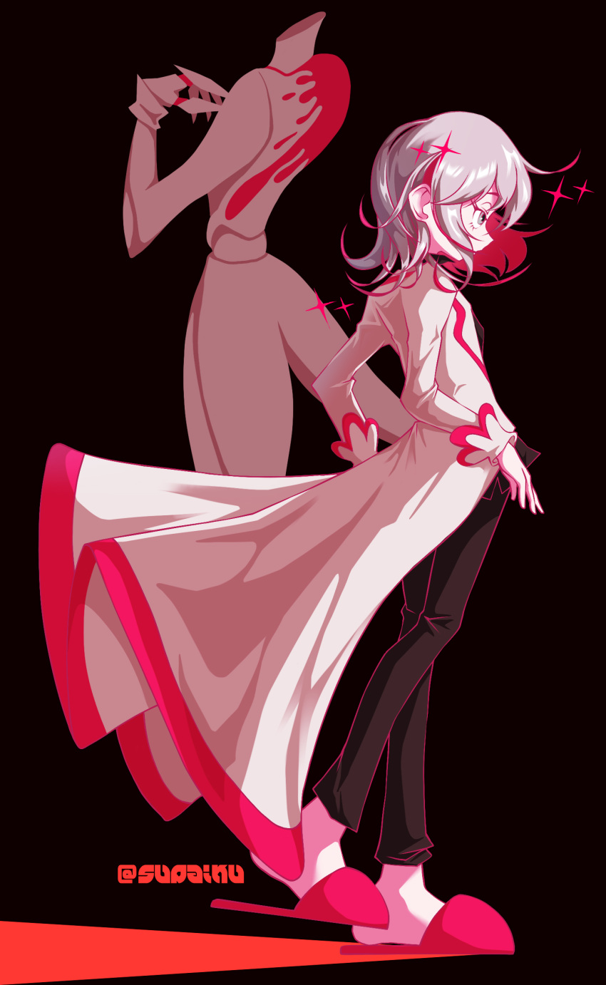 1girl, 1other, absurdres, artist_name, black_background, black_pajamas, black_pants, black_shirt, chinese_commentary, coat, colored_inner_hair, from_side, grey_eyes, highres, kettobashita_moufu_(zutomayo), multicolored_hair, nira-chan, nira-chan_(kettobashita_moufu)_(zutomayo), pajamas, pants, pink_footwear, pink_trim, red_hair, shirt, slippers, supaiku, white_coat, white_hair, zutto_mayonaka_de_ii_no_ni