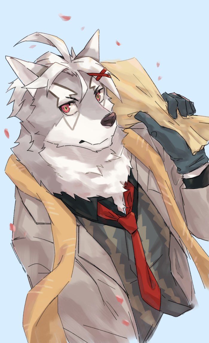 1boy, animal_ears, black_shirt, blue_background, bouquet, brown_coat, brown_sweater_vest, closed_mouth