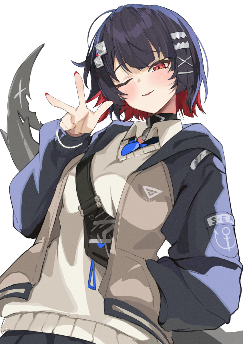 1girl, absurdres, alternate_costume, black_hair, ellen_joe, fins, fish_tail, highres